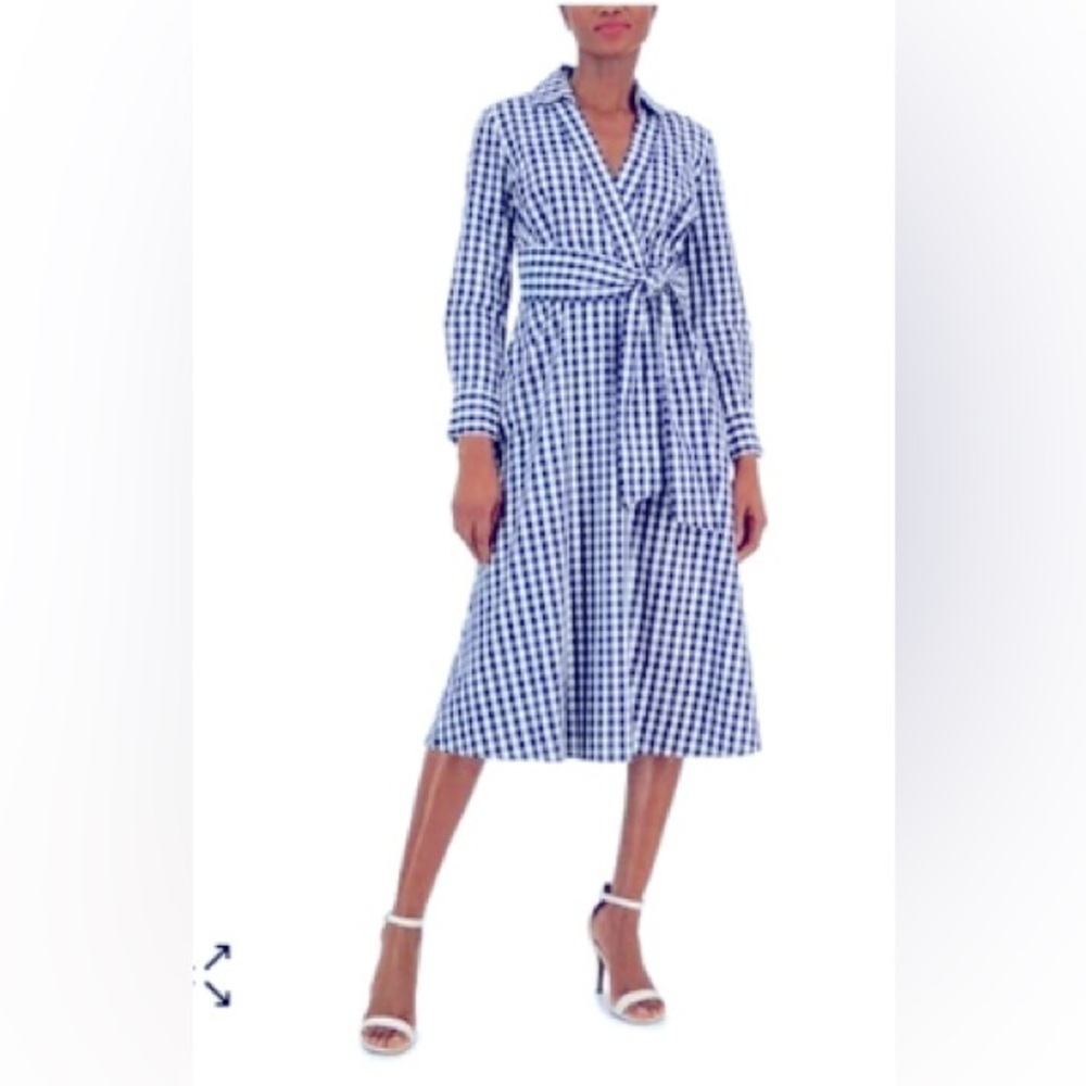 NWT Tahari Navy & White Gingham Long Sleeve Shirt Dress - Picture 6 of 15